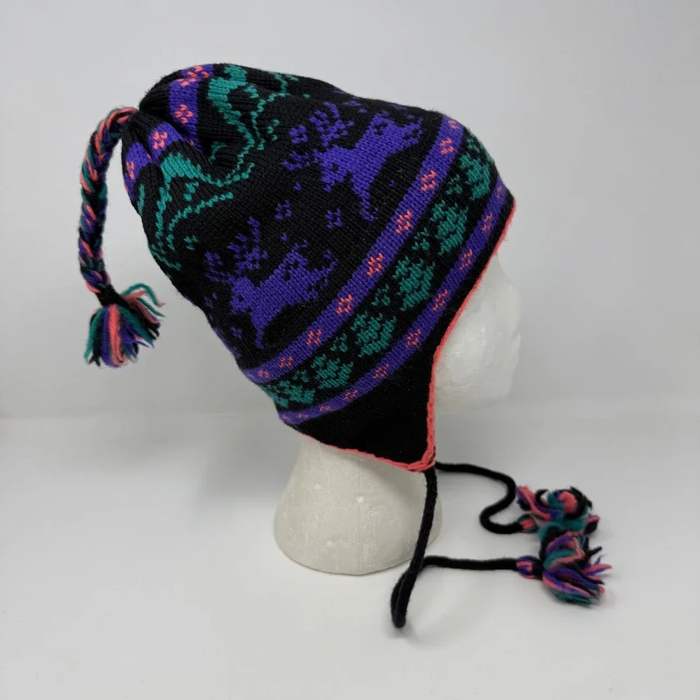 Hood Hats 100% Wool Peruvian Beanie Reindeer Fair Isle Earflap Hat Purple Size S